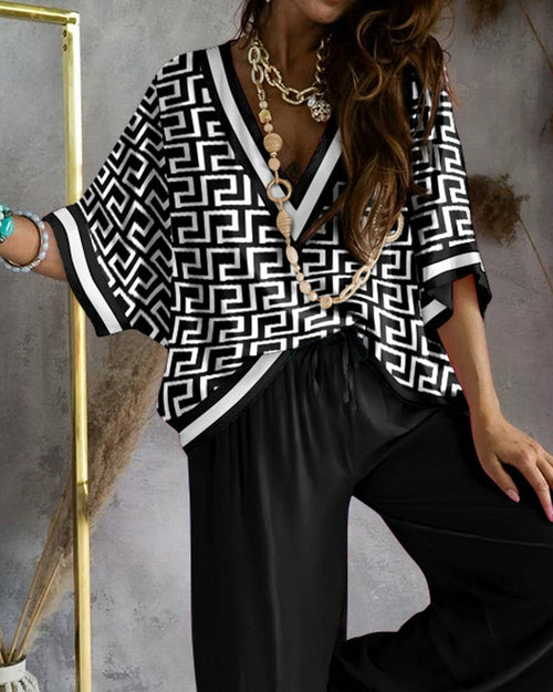 Women's Printed Batwing Sleeve Casual Top and Wide Leg Pants Set