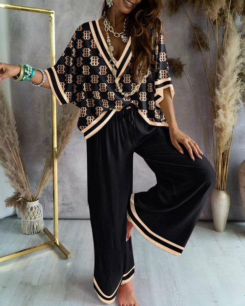 Women's Printed Batwing Sleeve Casual Top and Wide Leg Pants Set