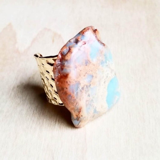 Women's Chunky Aqua Terra Slab on Hammered Cuff Ring Base