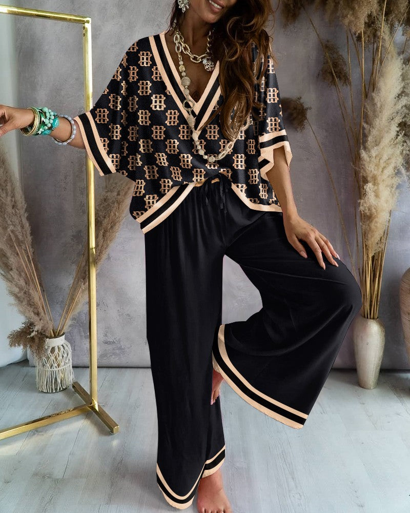 Women's Printed Batwing Sleeve Casual Top and Wide Leg Pants Set