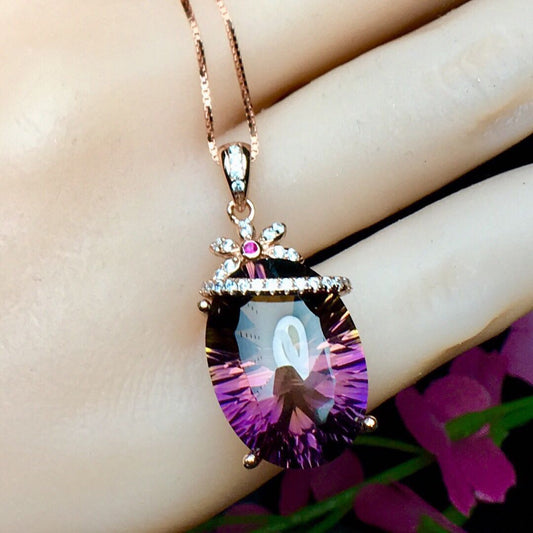 Women's Genuine Amethyst Precious Stone Pendant S925 Silver Necklace