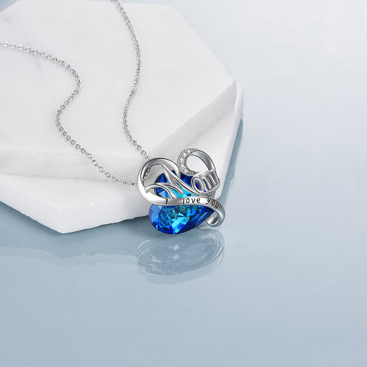 Women's Mom Necklace 925 Sterling Silver with Blue Heart Crystals Mother's Day Gifts, etc.