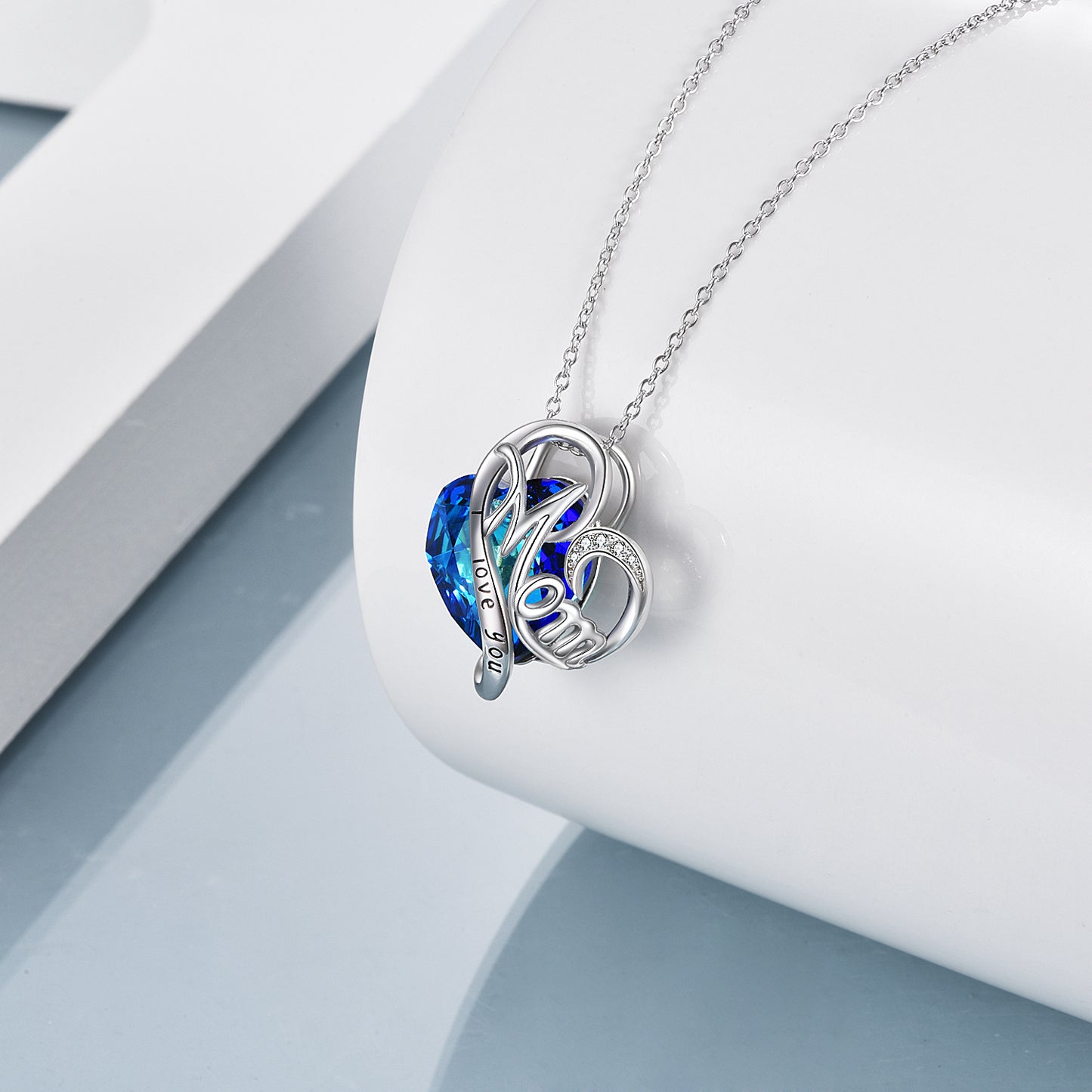 Women's Mom Necklace 925 Sterling Silver with Blue Heart Crystals Mother's Day Gifts, etc.