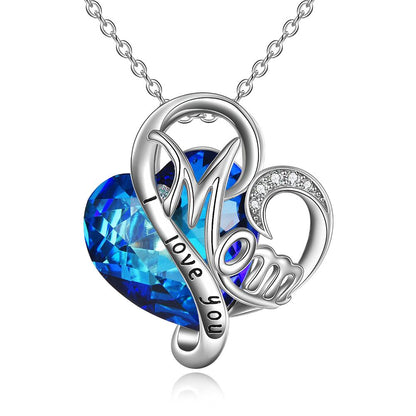 Women's Mom Necklace 925 Sterling Silver with Blue Heart Crystals Mother's Day Gifts, etc.