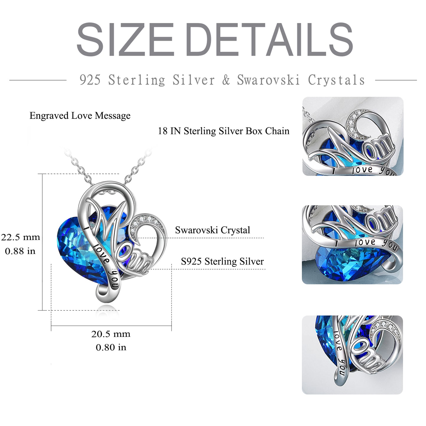 Women's Mom Necklace 925 Sterling Silver with Blue Heart Crystals Mother's Day Gifts, etc.